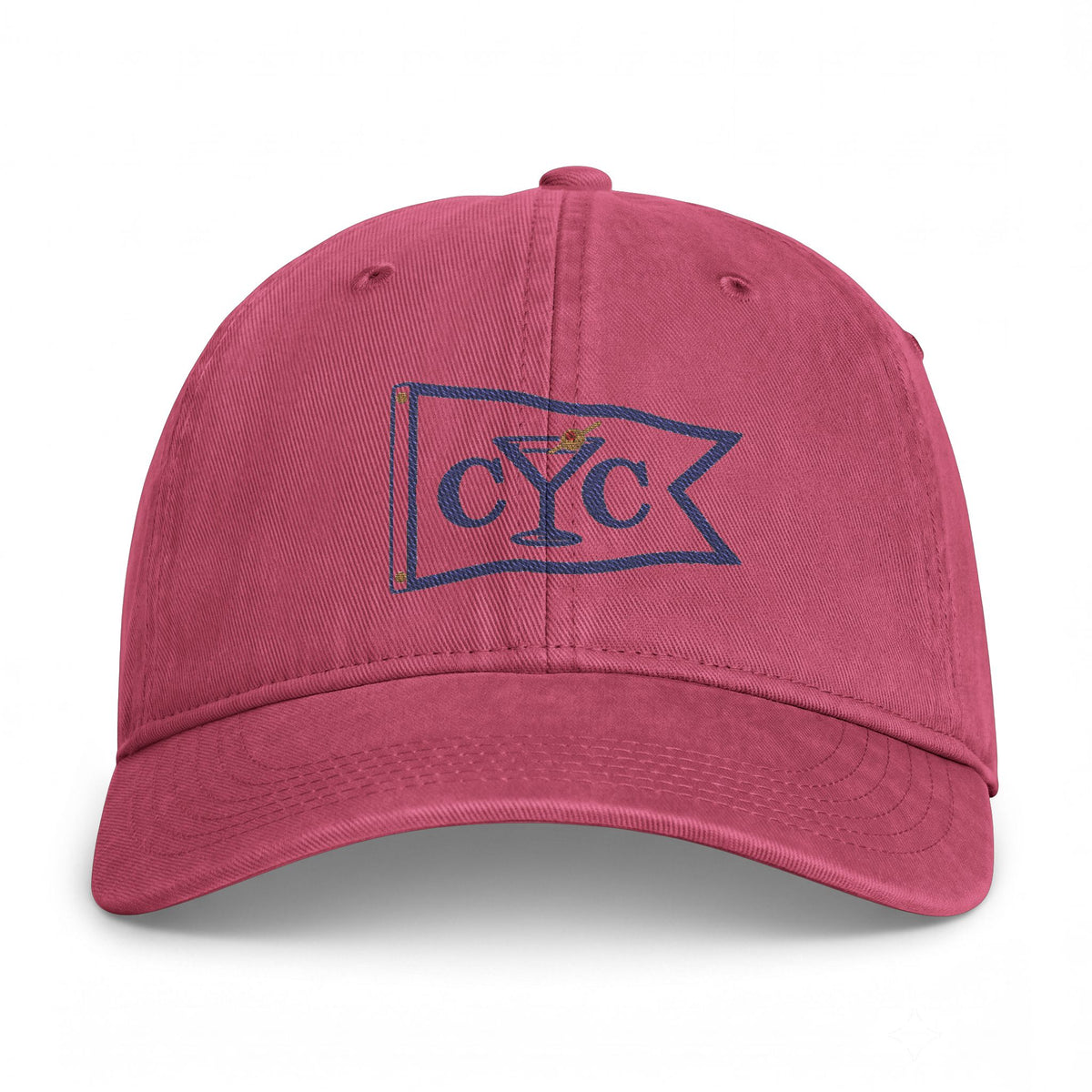 Crimson Compo Yacht Club embroidered cap — stitched martini burgee on washed cotton twill