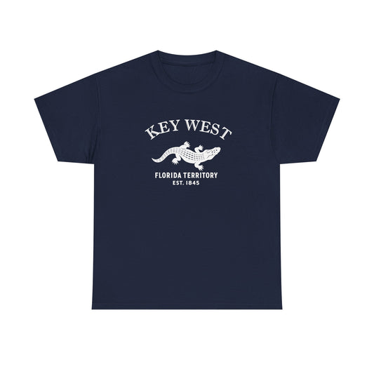 Key West Florida Vintage Style Unisex Heavy Cotton Tee - White Retro Alligator Logo, Navy