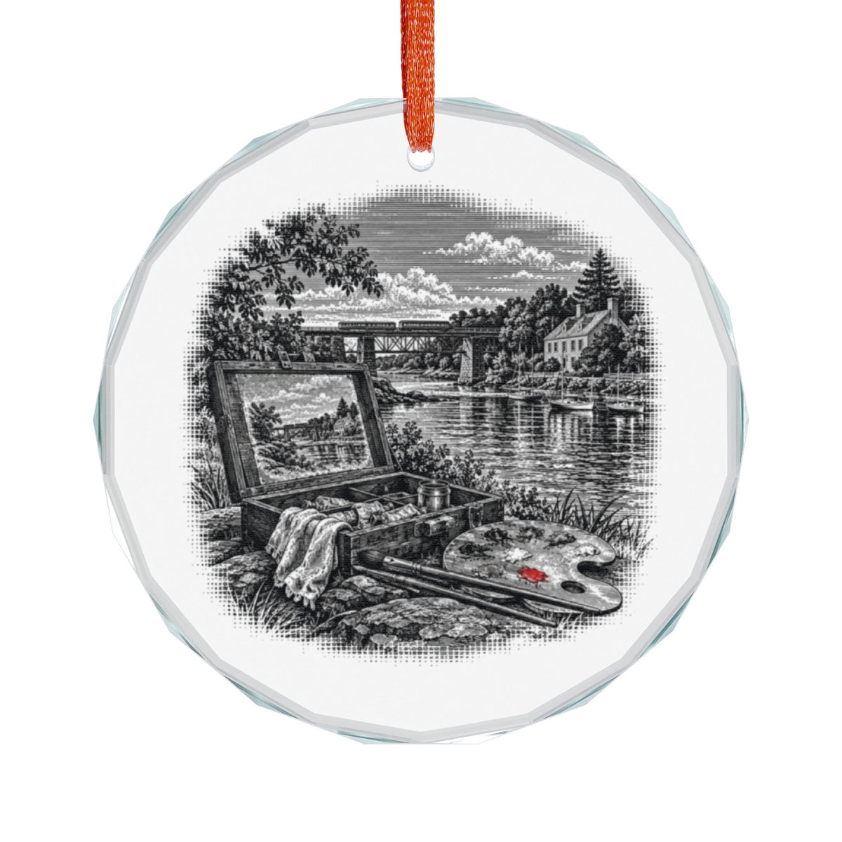 Cos Cob Connecticut Holiday Ornament, Art Colony Paint Box, Crystal Glass Ornament Hanging on White