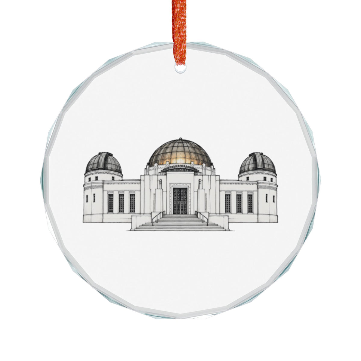 Los Angeles, California Holiday Ornament — The Telescope Left Open to Everyone — front view: the 1935 observatory drawn straight-on in fine architectural line: central copper dome flanked by two smaller domes, deco piers, full-width entry stair