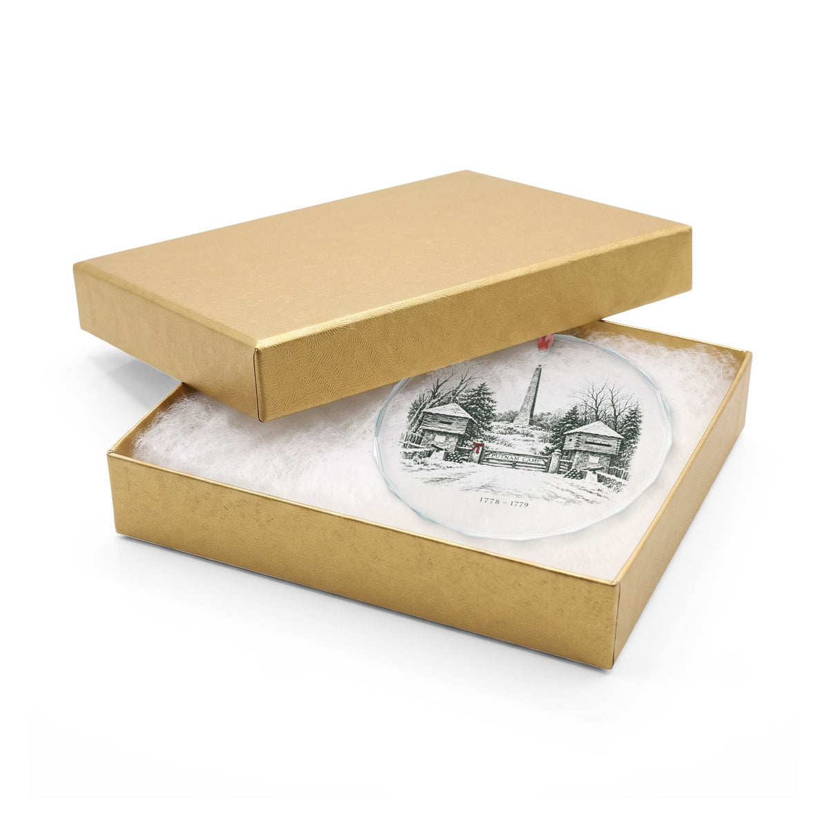 Engraved-Style Winter View of the Putnam Camp Gate, Twin Log Blockhouses, Cannons and the 1888 Monument on a Faceted Crystal Glass Ornament, In Its Gold Gift Box, Redding, Connecticut