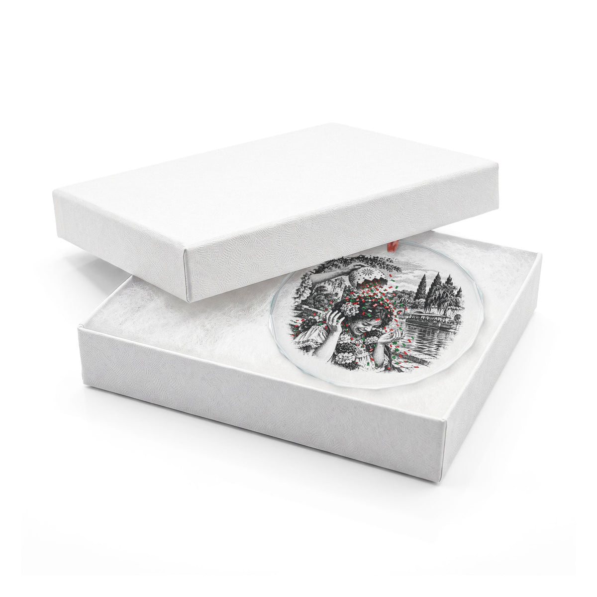 San Antonio Texas Holiday Ornament, Fiesta Cascaron, Crystal Glass Ornament in White Gift Box