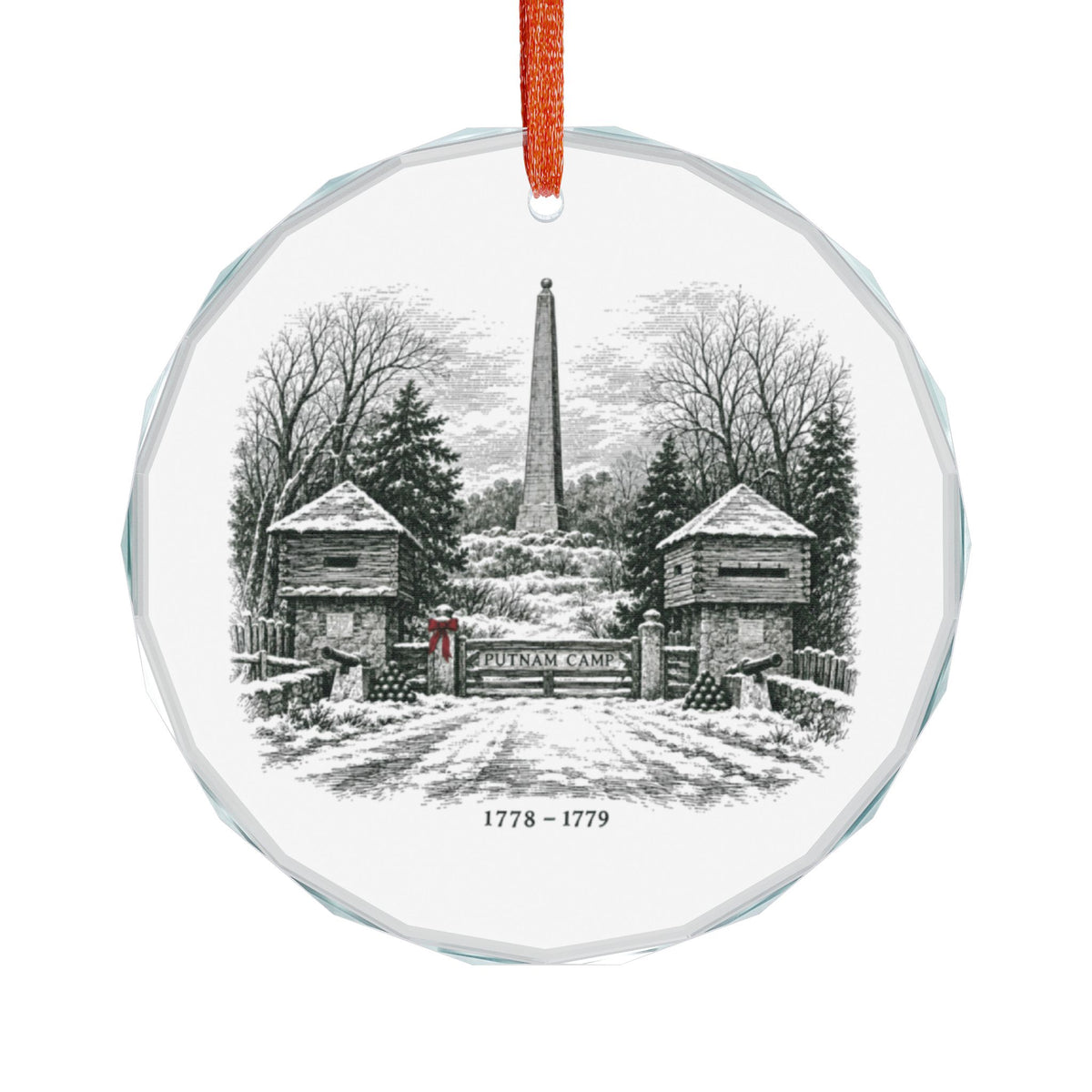 Engraved-Style Winter View of the Putnam Camp Gate, Twin Log Blockhouses, Cannons and the 1888 Monument on a Faceted Crystal Glass Ornament, Clear, Front View on White, Redding, Connecticut