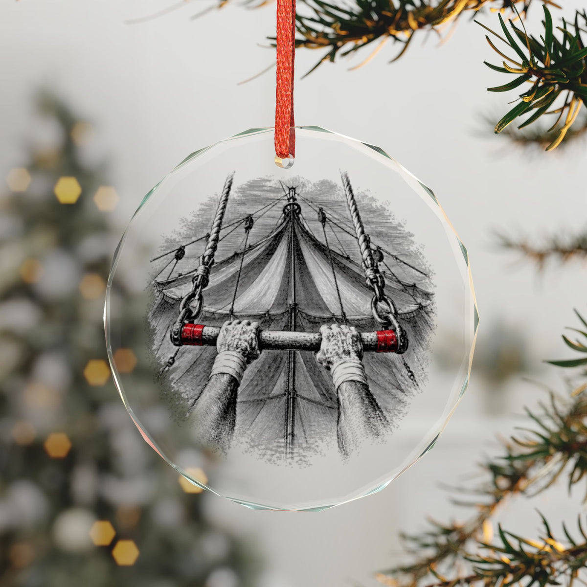 Sarasota Florida Holiday Ornament, Circus Trapeze, Crystal Glass Ornament Hanging on a Christmas Tree