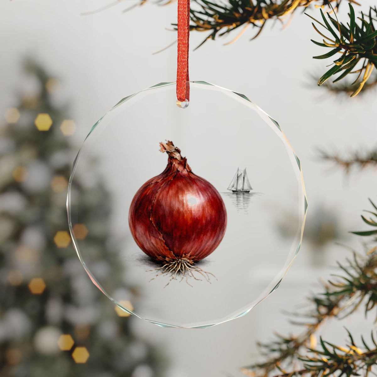 Southport, Connecticut Holiday Ornament — The Onion That Sailed Out by Schooner — 3-inch faceted crystal glass ornament in white gift box