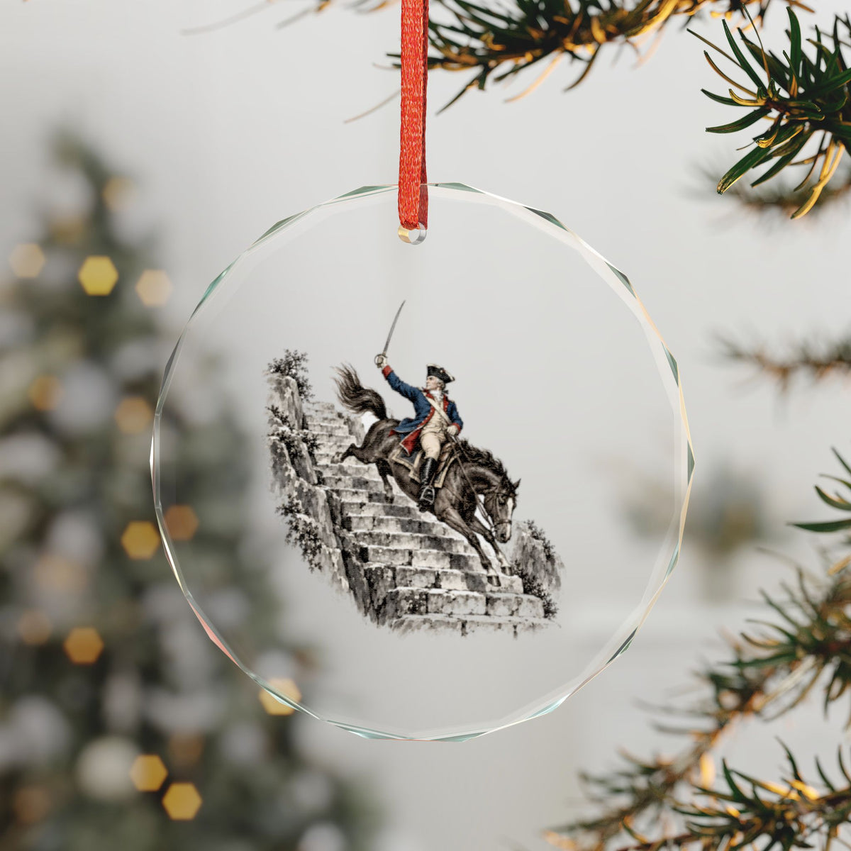 Greenwich, Connecticut Holiday Ornament — The General Who Rode Down the Stairs — 3-inch faceted crystal glass ornament in white gift box