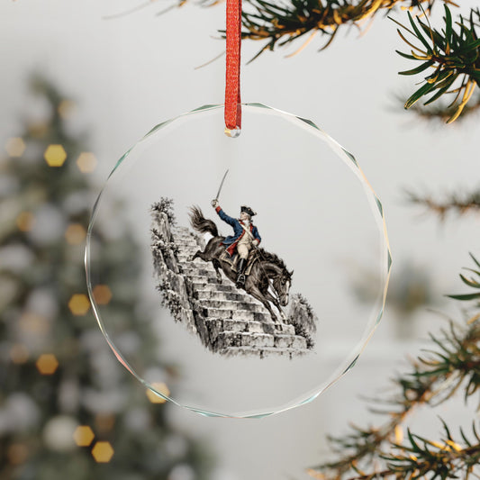 Greenwich, Connecticut Holiday Ornament — The General Who Rode Down the Stairs — 3-inch faceted crystal glass ornament in white gift box