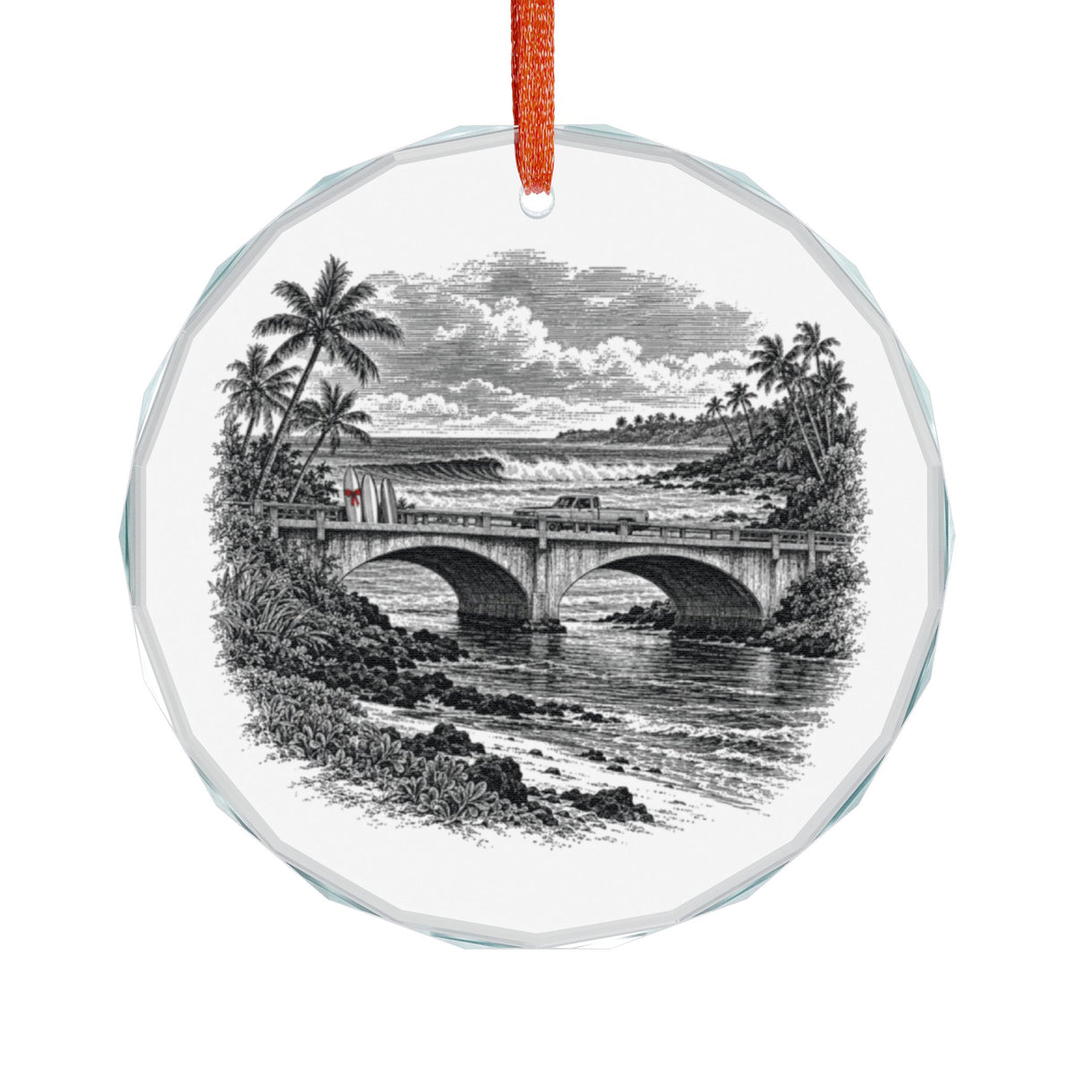 North Shore Hawaii Holiday Ornament, Rainbow Bridge, Crystal Glass Ornament Hanging on White