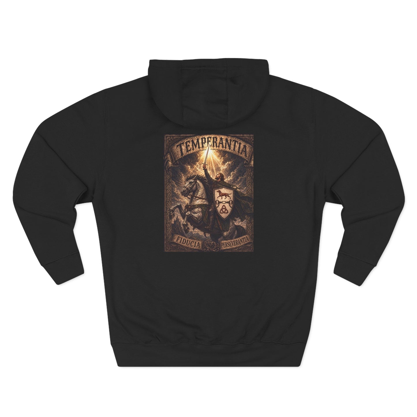 №108 Knight Crest Heavy Cotton Hoodie · Live Your Best Knight · Temperantia Fiducia Perseverantia