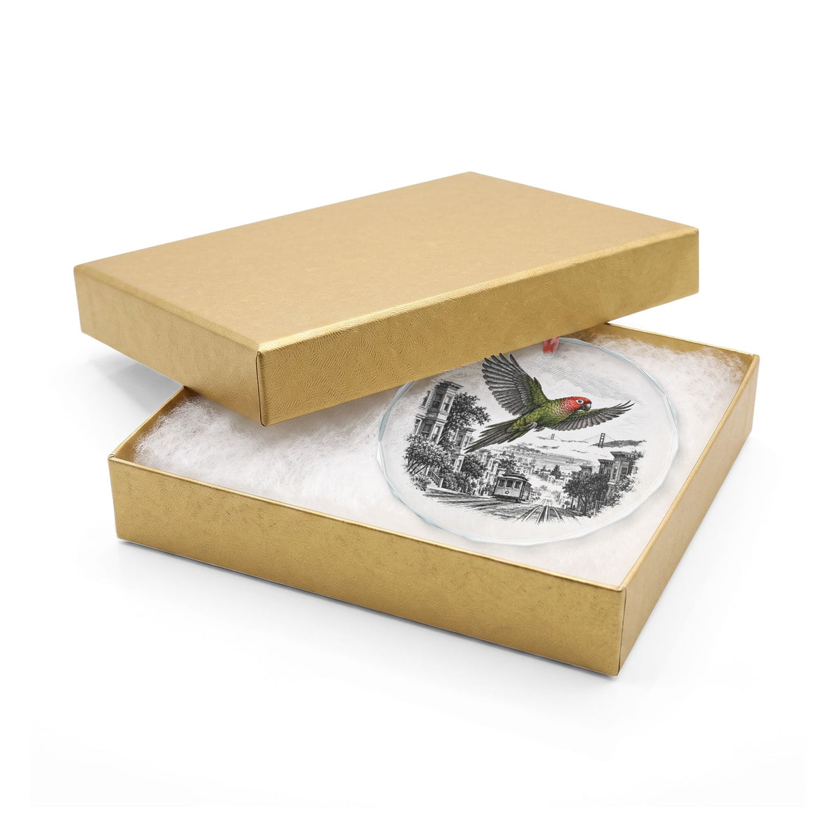 San Francisco California Holiday Ornament, Wild Parrot, Crystal Glass Ornament in Gold Gift Box