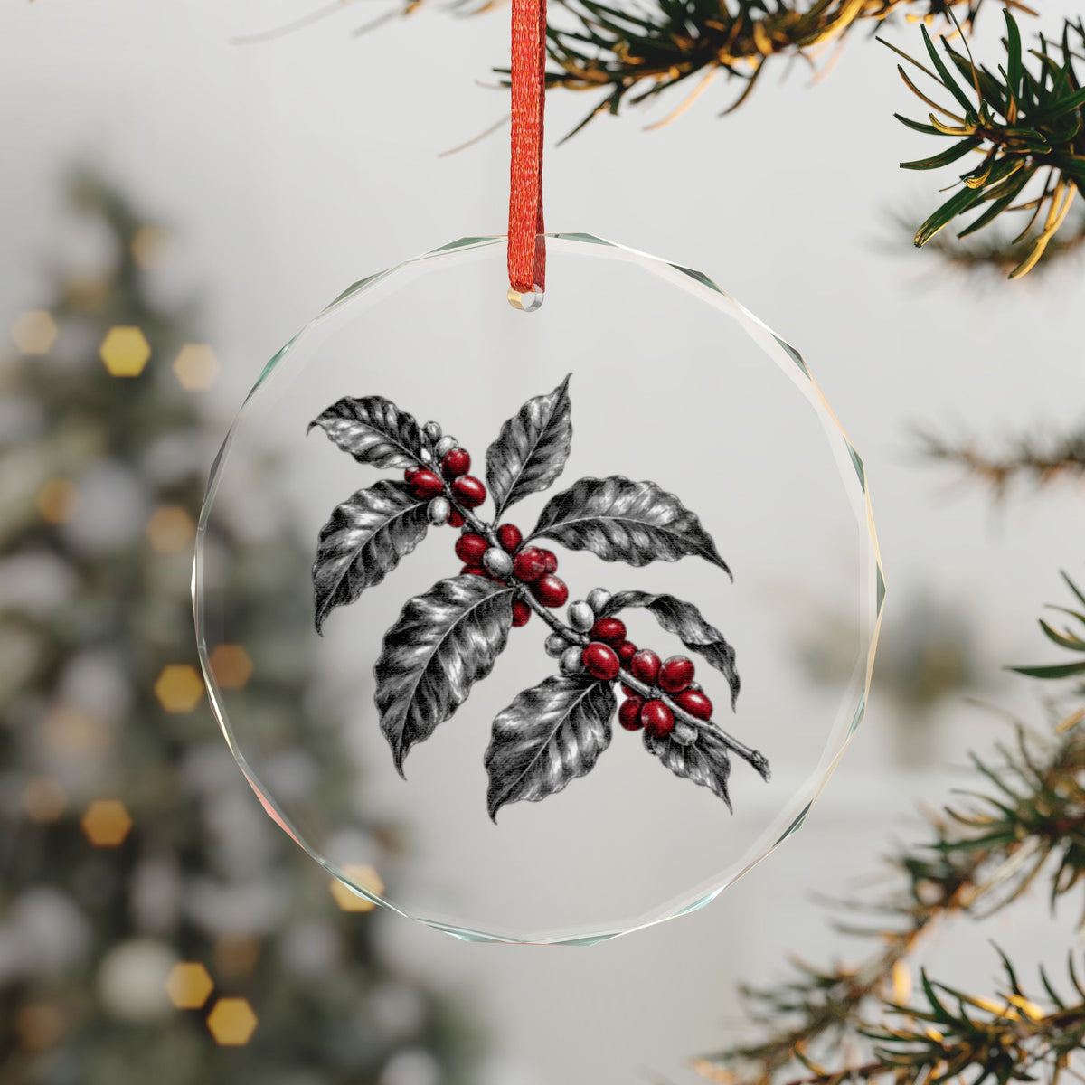 Kona Hawaii Crystal Christmas Ornament on the Tree, Coffee Branch with Ripe Red Cherries