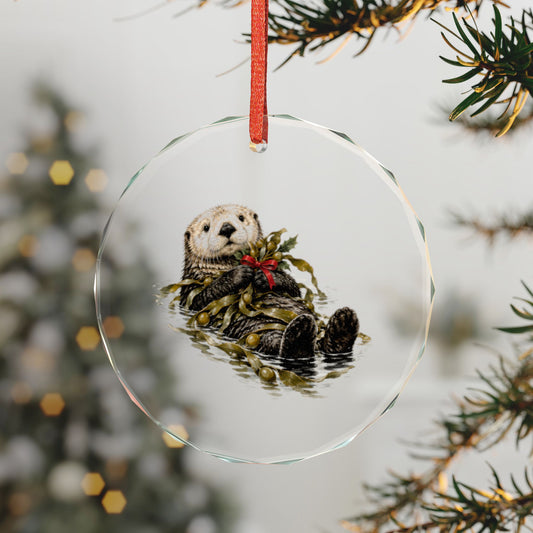 Big Sur, California Holiday Ornament — The Otter That Came Back From Gone — 3-inch faceted crystal glass ornament in white gift box