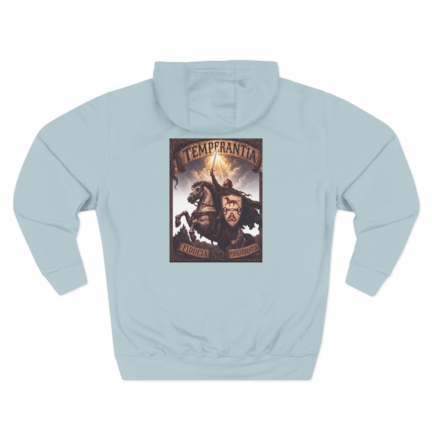 №108 Knight Crest Heavy Cotton Hoodie · Live Your Best Knight · Temperantia Fiducia Perseverantia