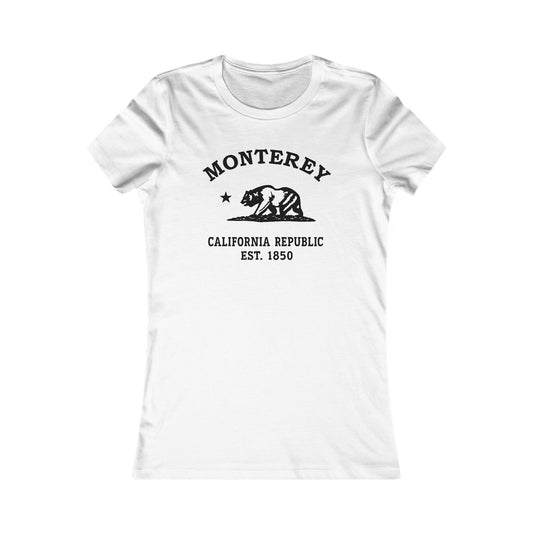 Monterey California Vintage Retro Womens Fitted Ringspun Cotton Tee, White, Black Logo