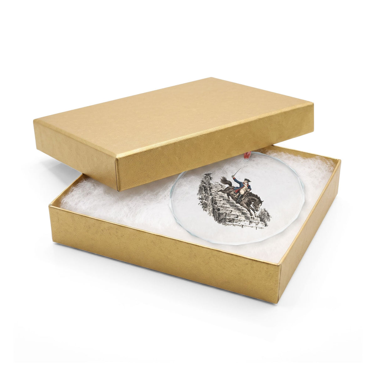 Greenwich, Connecticut Holiday Ornament — The General Who Rode Down the Stairs — crystal ornament hanging by red ribbon, faceted beveled edge