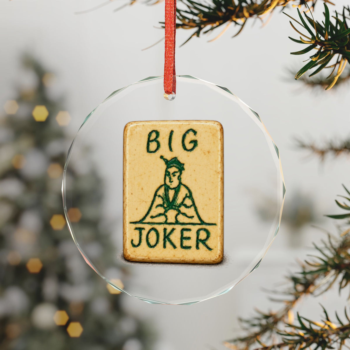 New York Mah Jongg Crystal Christmas Ornament in Gold Gift Box, Big Joker Tile in the Style of a 1930s Bakelite Set