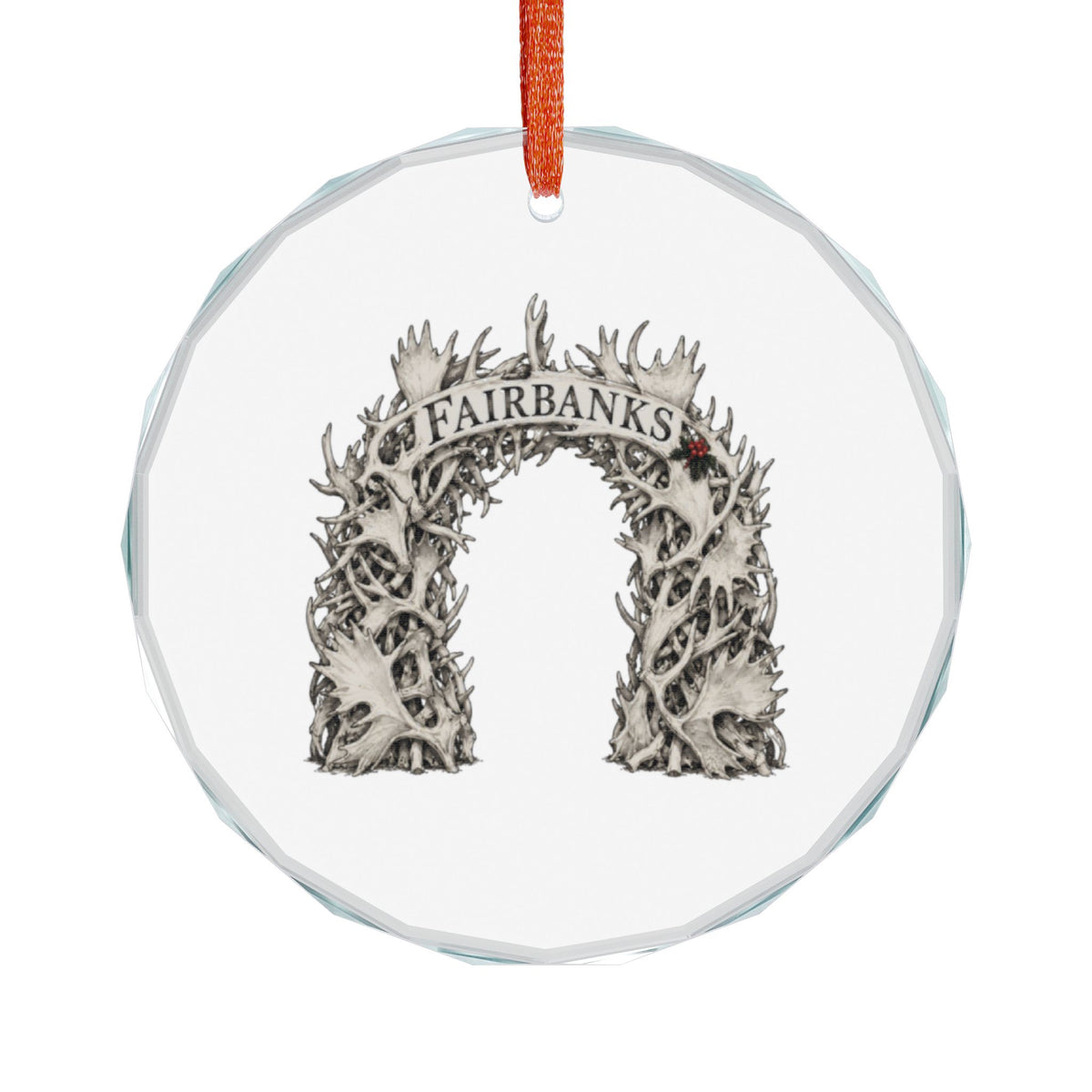 Fairbanks, Alaska Holiday Ornament — An Arch Woven From a Hundred Racks — front view: the Fairbanks antler arch rendered as a dense woven mass of moose and caribou antlers forming a walk-through arch, each rack individually drawn in pale bone tones