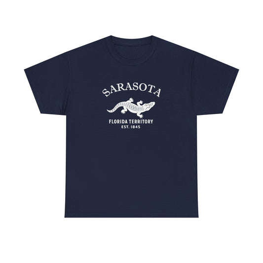 Sarasota Florida Vintage Style Unisex Heavy Cotton Tee - White Retro Alligator Logo, Navy