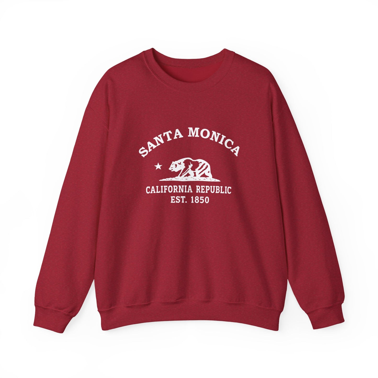 Santa Monica California Vintage Style Unisex Heavy Crewneck Sweatshirt - White Retro Bear Logo, Antique Cherry Red