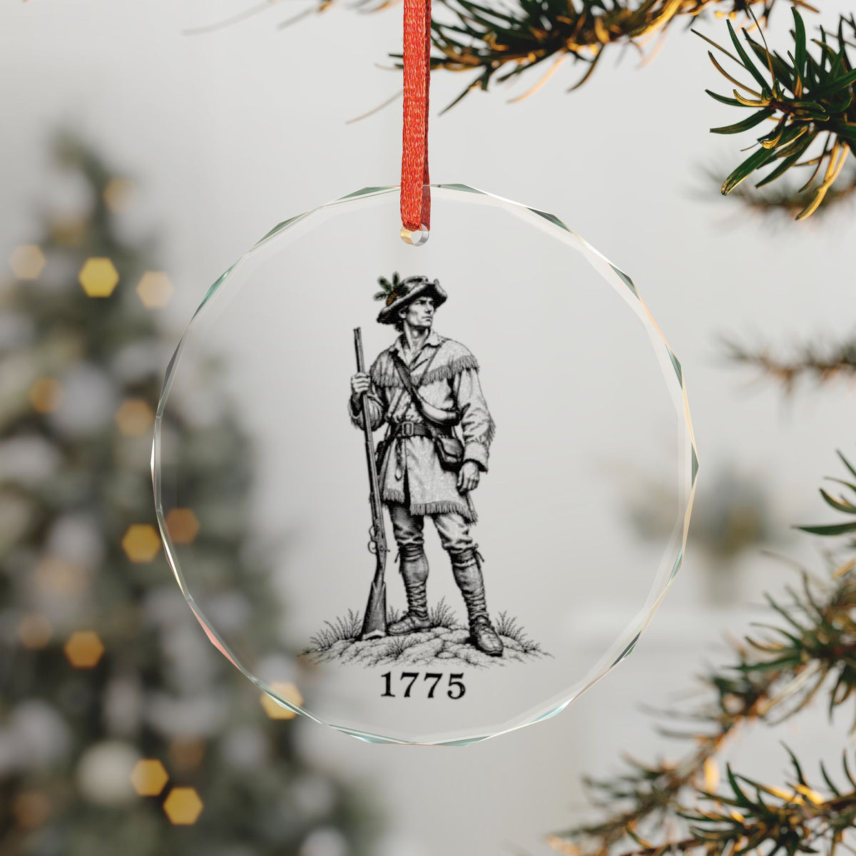 Green Mountain Boys 1775 Crystal Glass Holiday Ornament Shown on a Lit Tree, Vermont Frontiersman With Long Rifle