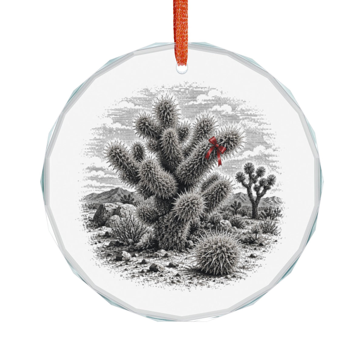 Joshua Tree California Holiday Ornament, Jumping Cholla, Crystal Glass Ornament Hanging on White