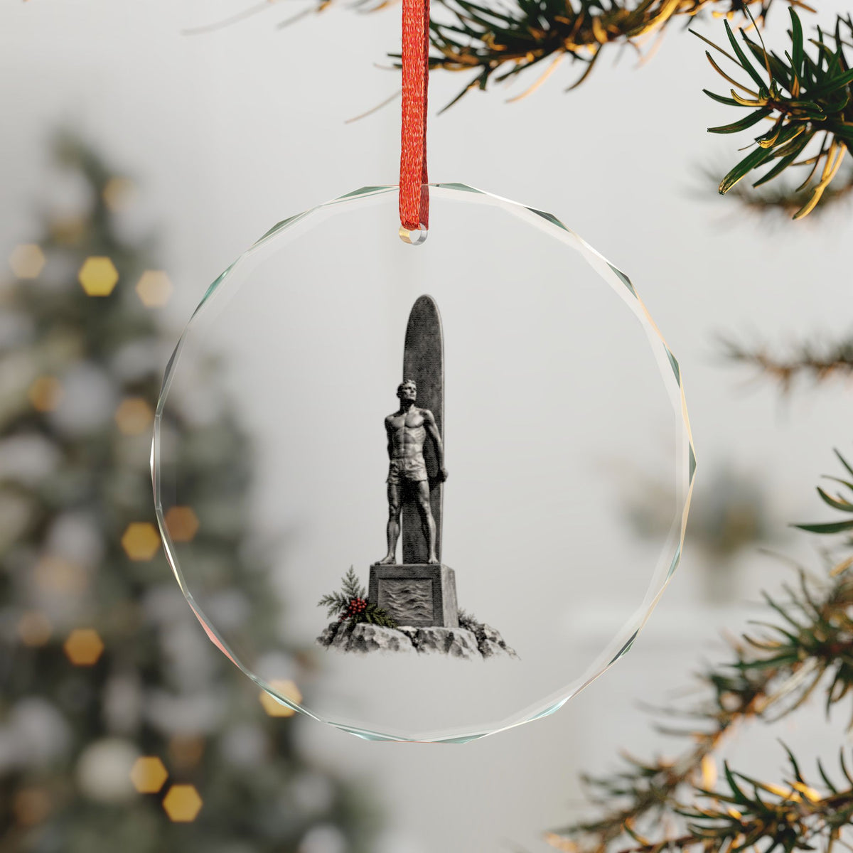 Santa Cruz, California Holiday Ornament — The Bronze That Honors No One in Particular — 3-inch faceted crystal glass ornament in white gift box