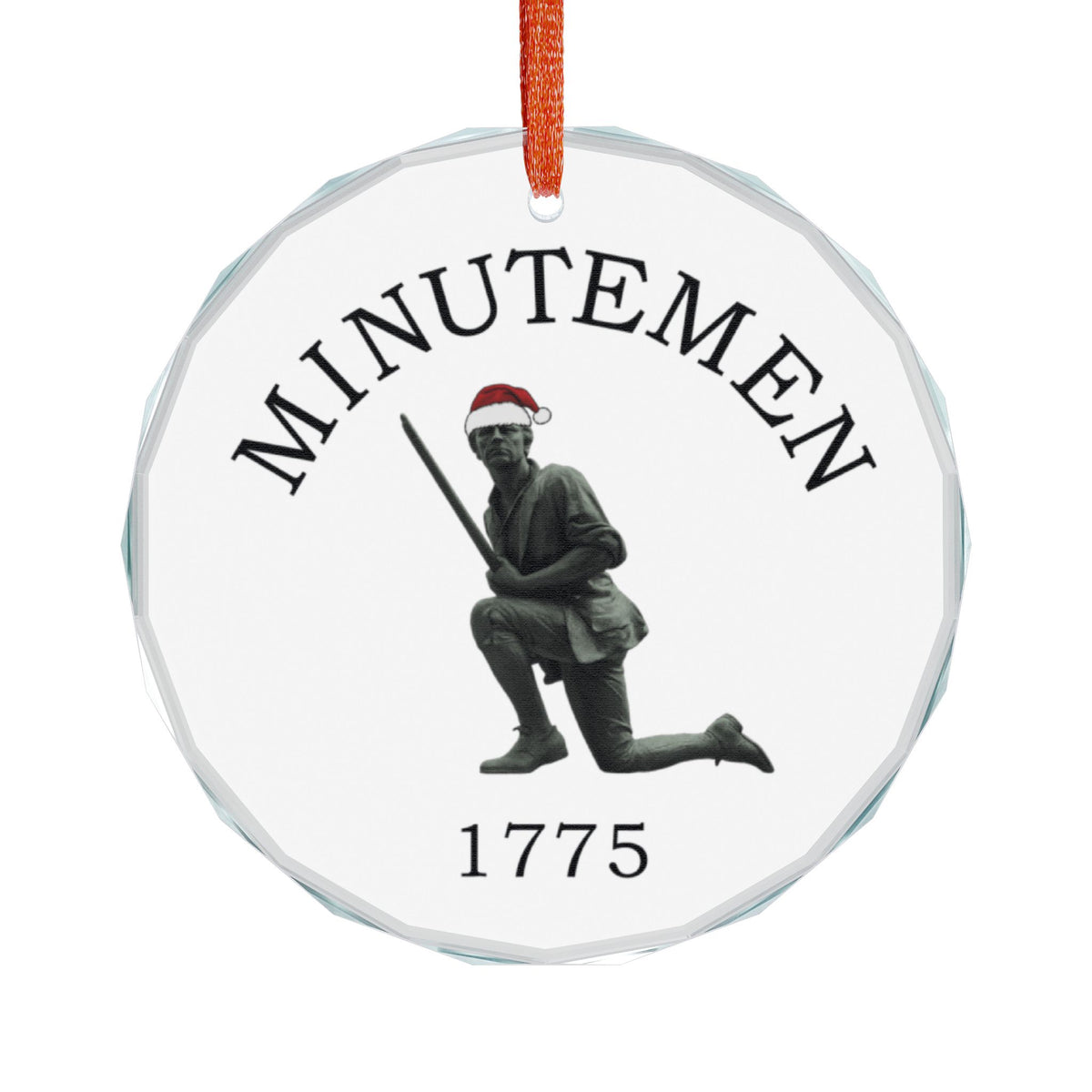 Minuteman Crystal Glass Ornament on White, Kneeling Minute Man with Faceted Edge
