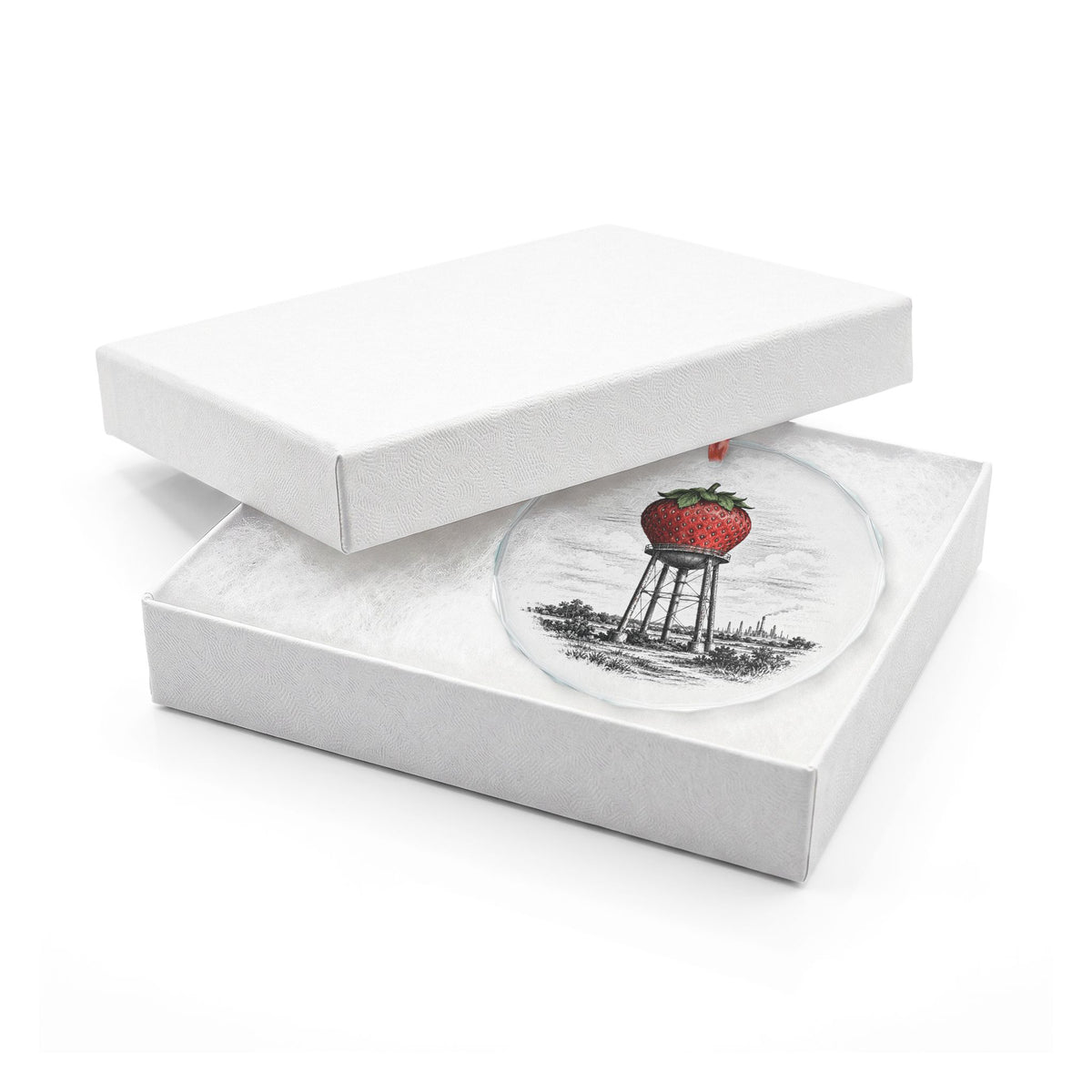 Pasadena Texas Holiday Ornament, Strawberry Water Tower, Crystal Glass Ornament in White Gift Box