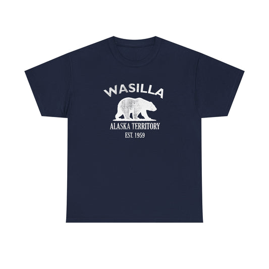 Wasilla Alaska Vintage Style Unisex Heavy Cotton Tee - White Retro Bear Logo, Navy