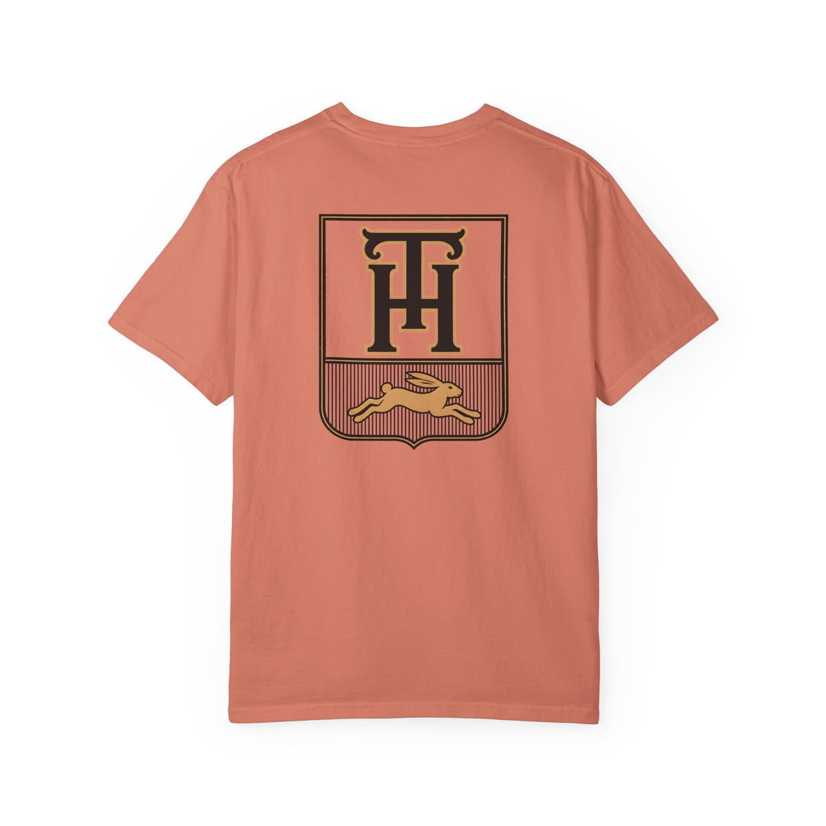 Terracotta Team Haas Tee with TH Family Crest and Leaping Hare Seal, Comfort Colors 1717