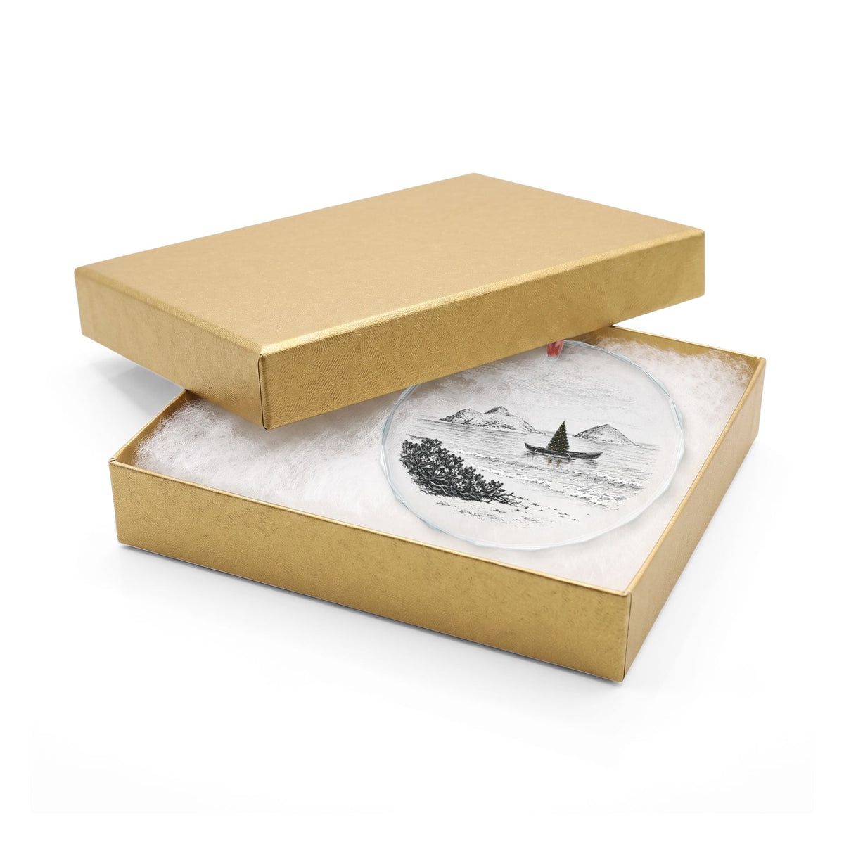 Kailua Hawaii Crystal Christmas Ornament in Gold Gift Box, Mokulua Islands and a Christmas Tree in an Outrigger Canoe