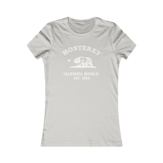 Monterey California Vintage Retro Womens Fitted Ringspun Cotton Tee, Silver, White Logo