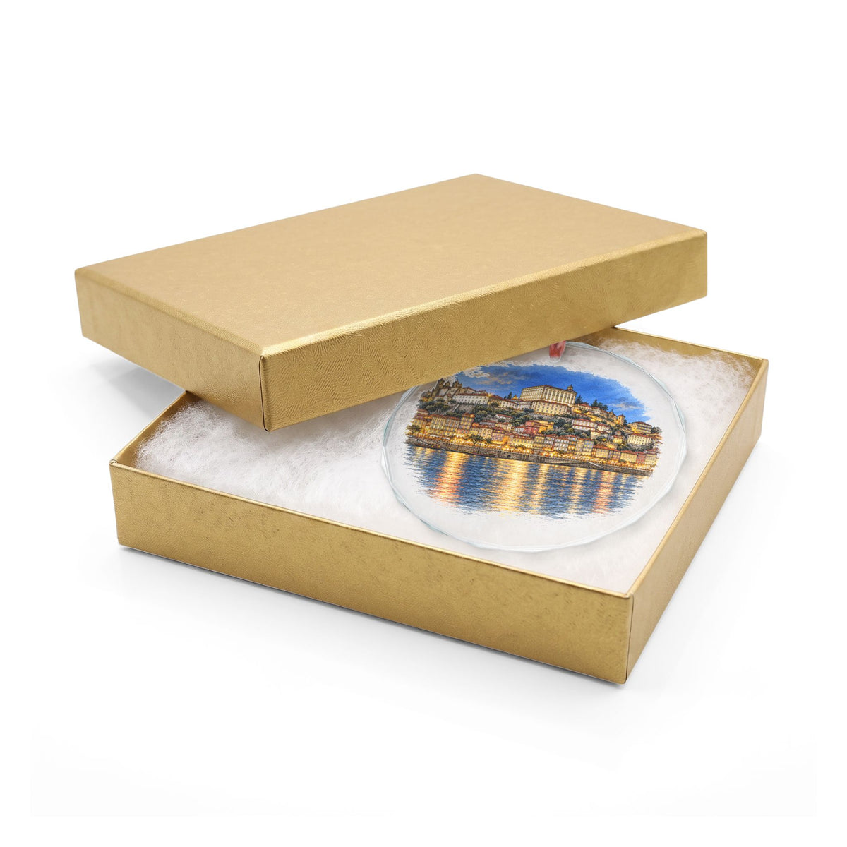 Porto Portugal Crystal Holiday Ornament in Gold Gift Box, the Ribeira at Dusk