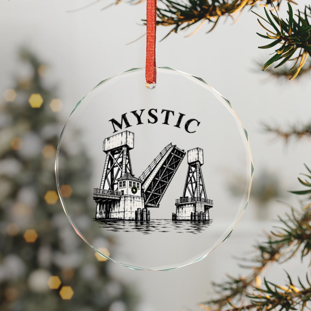 Mystic, Connecticut Holiday Ornament — The Bridge That Stops the Traffic — 3-inch faceted crystal glass ornament in white gift box