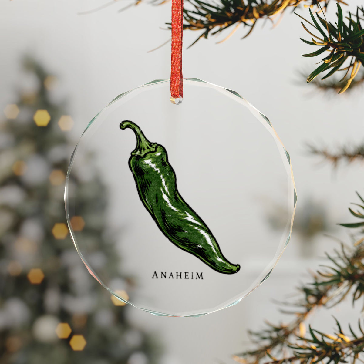 Anaheim, California Holiday Ornament — The Chile That Took the Town's Name — 3-inch faceted crystal glass ornament in gold gift box