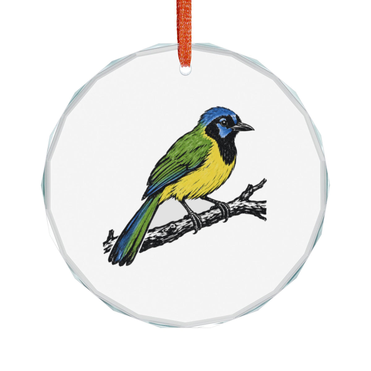 McAllen, Texas Holiday Ornament — A Tropical Bird at the Edge of Its Range — front view: a green jay perched on a bare branch in strong ink-and-color: lime-green back and wings, brilliant yellow underside and tail edges, sapphire-blue crown and cheek patches, black bib and mask