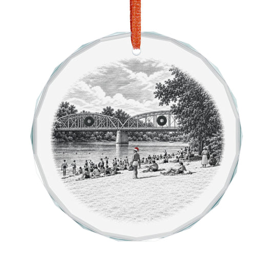 Healdsburg California Crystal Christmas Ornament Hanging on White, Memorial Bridge and Memorial Beach