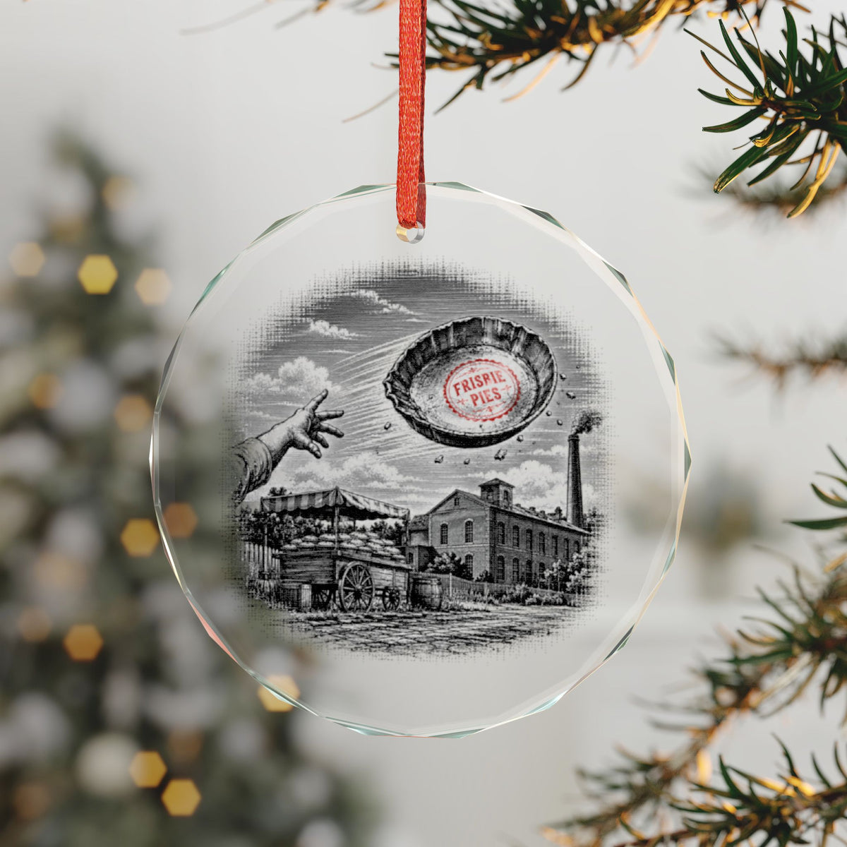 Bridgeport Connecticut Holiday Ornament, Flying Pie Tin, Crystal Glass Ornament Hanging on a Christmas Tree
