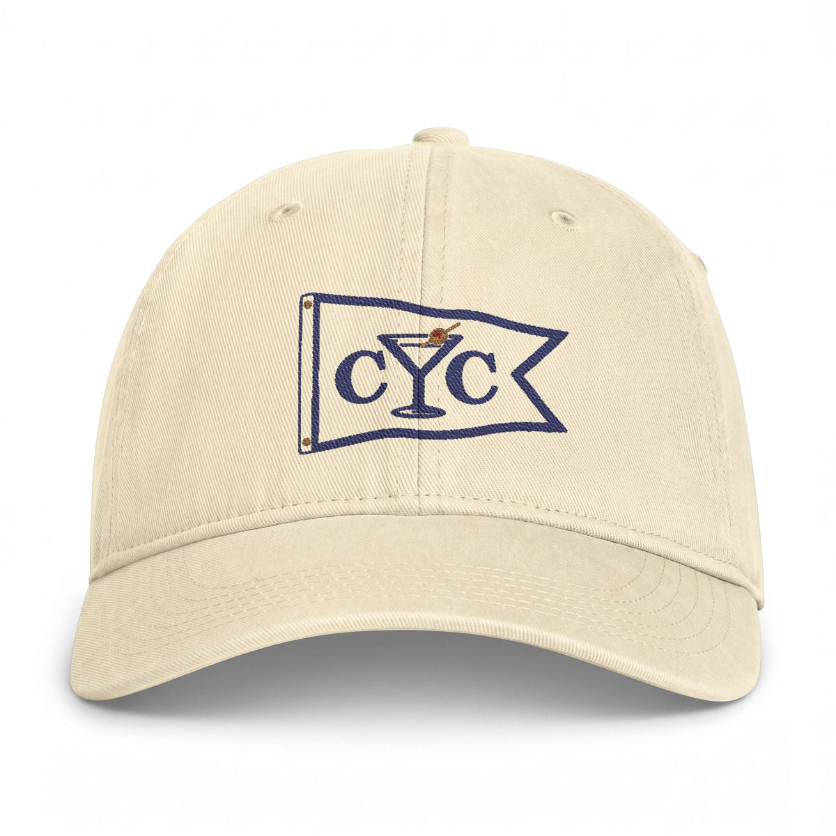 Ivory Compo Yacht Club embroidered cap — stitched martini burgee on washed cotton twill