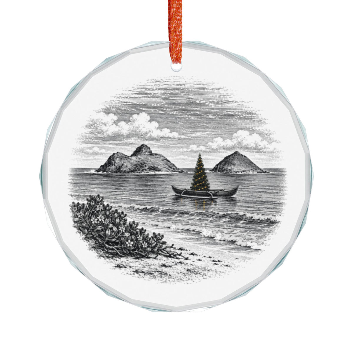 Kailua Hawaii Crystal Christmas Ornament Hanging on White, Mokulua Islands and a Christmas Tree in an Outrigger Canoe
