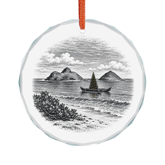 Kailua Hawaii Crystal Christmas Ornament Hanging on White, Mokulua Islands and a Christmas Tree in an Outrigger Canoe