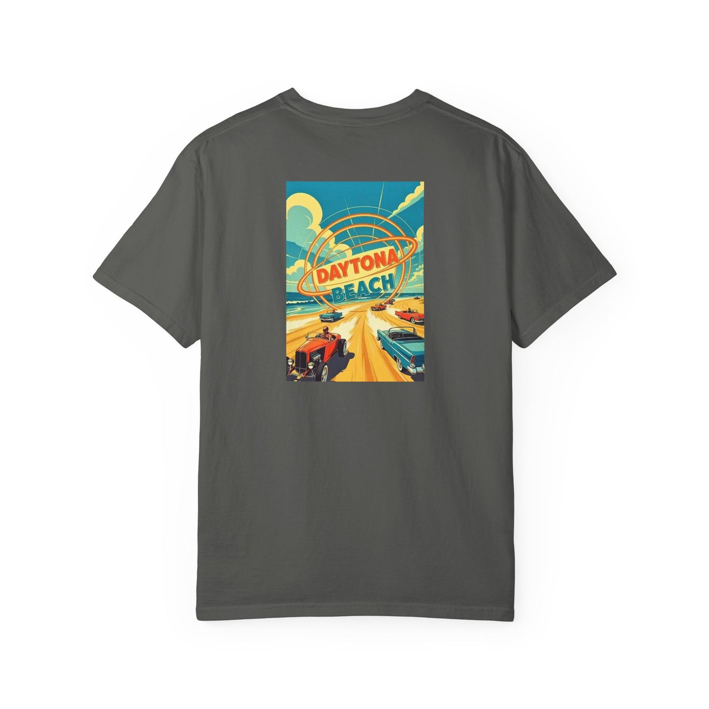 Daytona Beach Florida Vintage Retro Back Printed Art Series Cotton Tee - Black Logo