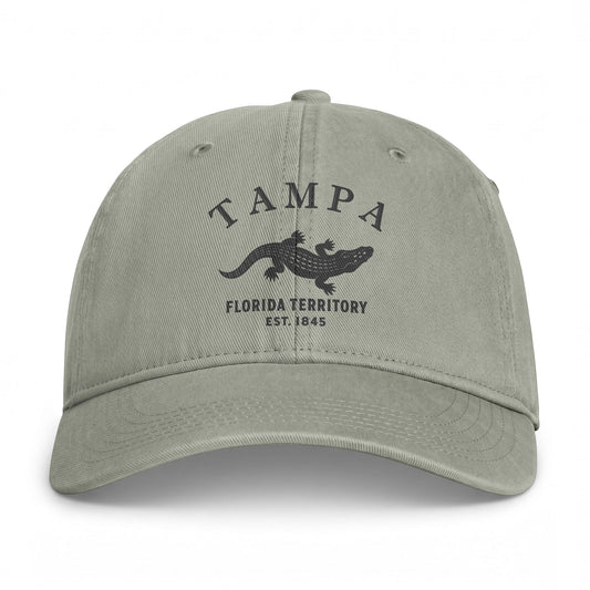 Tampa Florida Retro Vintage Washed Cap in Sandstone, Charcoal Printed Town Logo