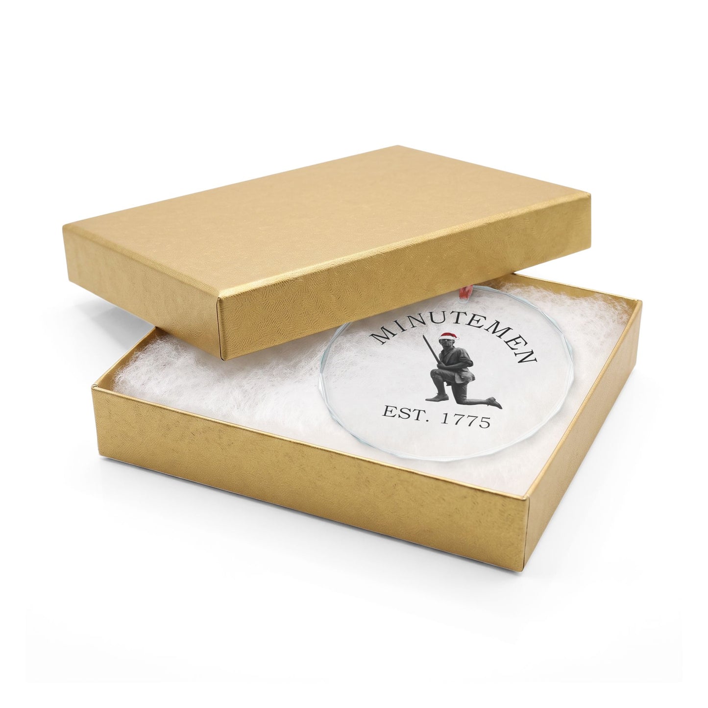 Minuteman crystal glass ornament in a gold gift box — boxed glass Christmas ornament