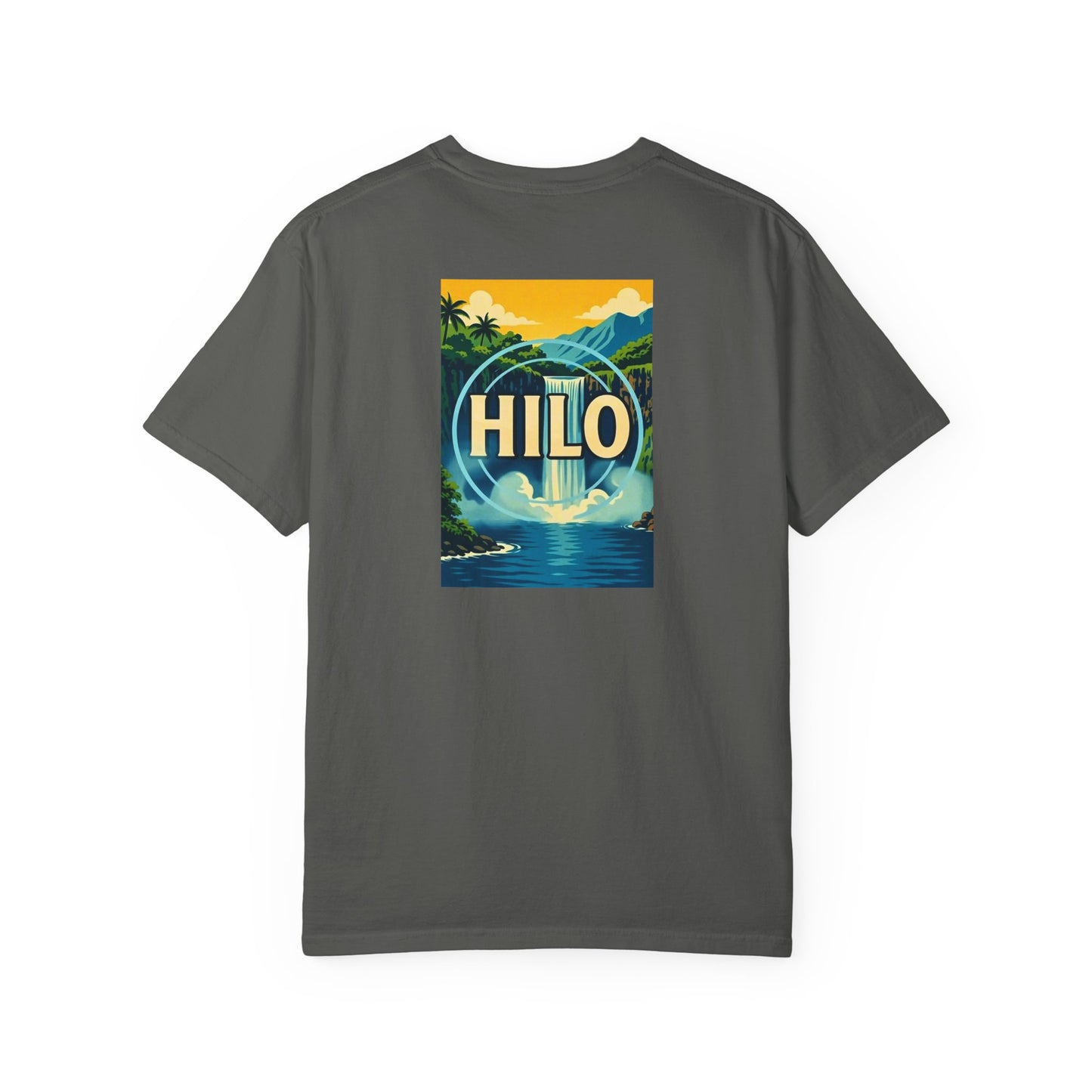 Hilo Hawaii Vintage Retro Back Printed Art Series Cotton Tee - Black Logo