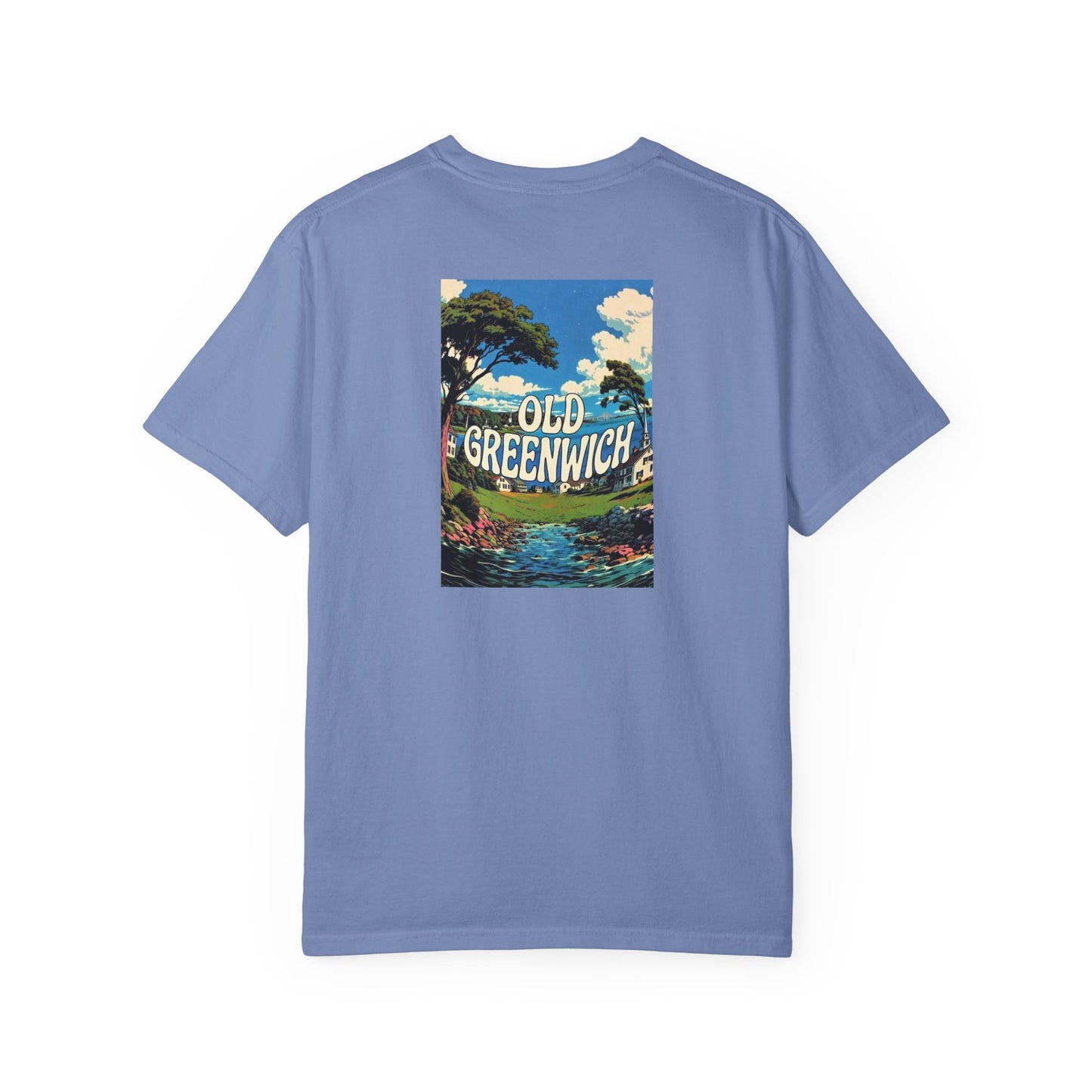 Old Greenwich Connecticut Vintage Retro Back Printed Art Series Cotton Tee - Black Logo