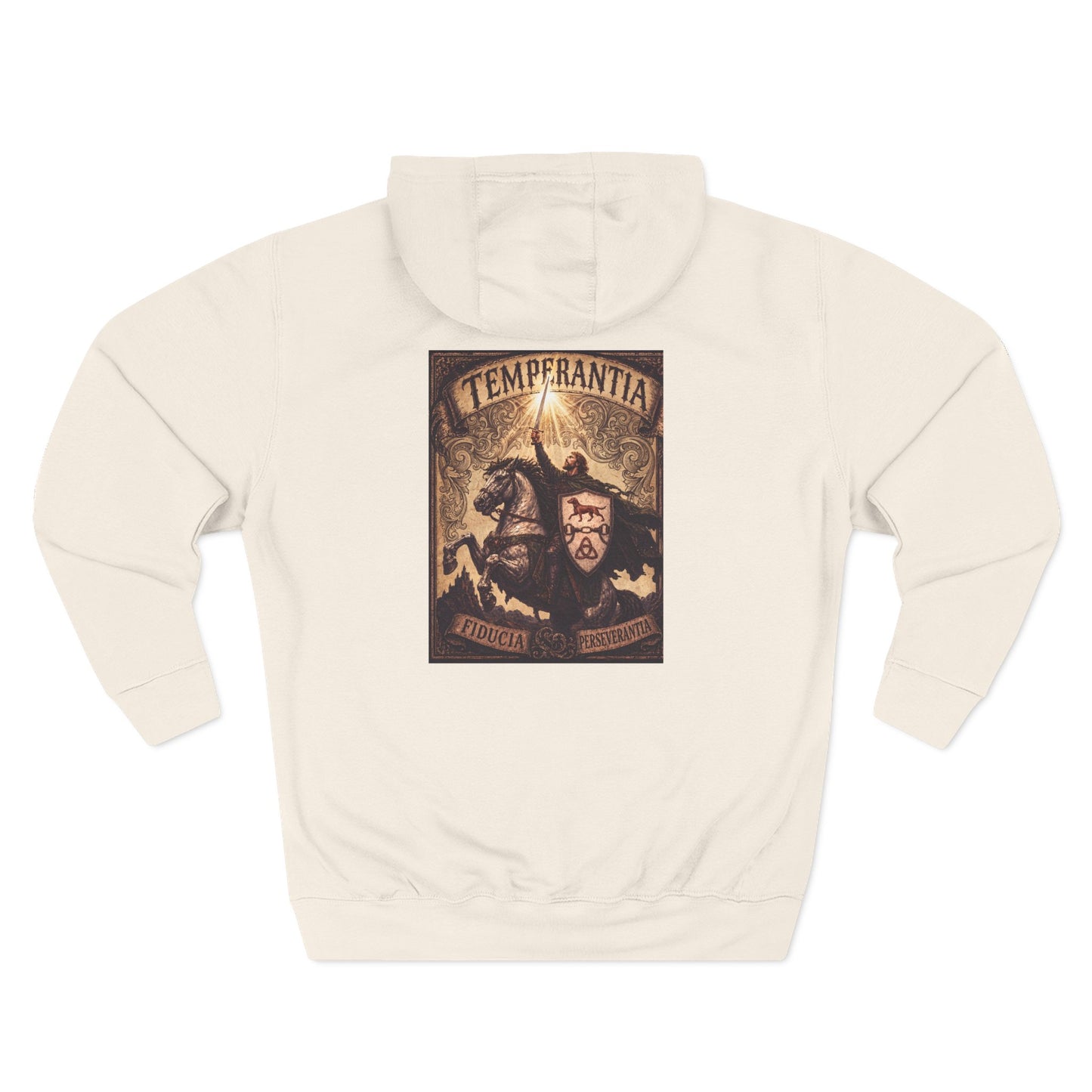 №108 Knight Crest Heavy Cotton Hoodie · Live Your Best Knight · Temperantia Fiducia Perseverantia