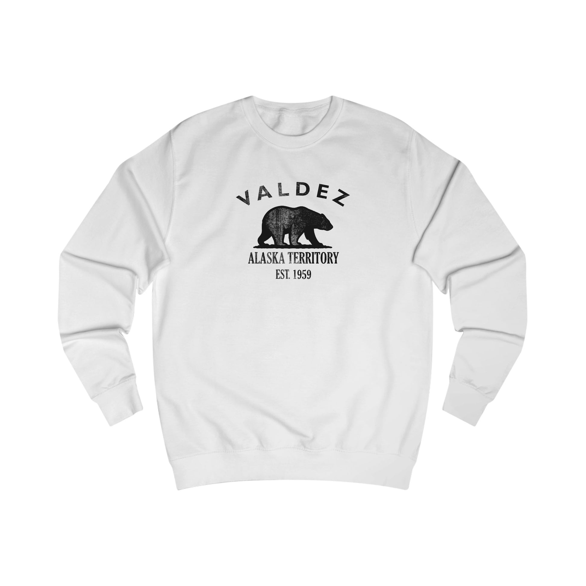 Valdez Alaska Vintage Retro Premium Crewneck Sweatshirt - Black Logo - Arctic White