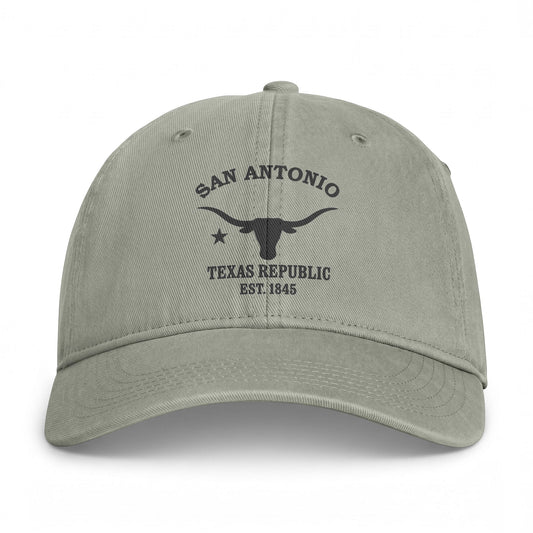 San Antonio Texas Retro Vintage Washed Cap in Sandstone, Charcoal Printed Town Logo