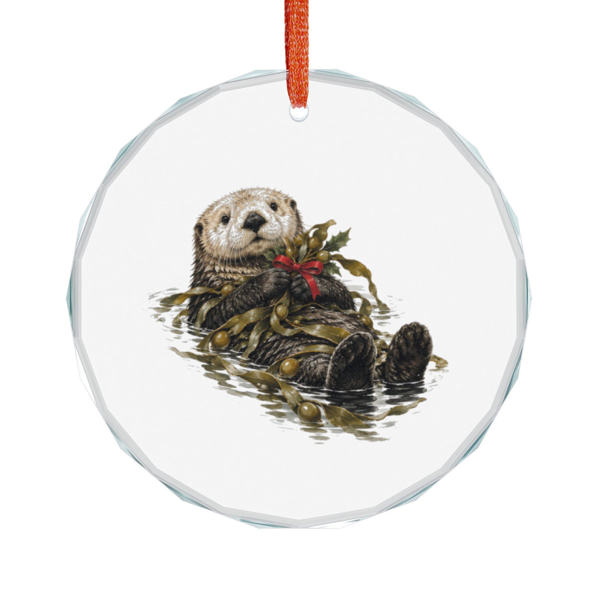 Big Sur, California Holiday Ornament — The Otter That Came Back From Gone — front view: a southern sea otter floats on its back in calm water, wrapped in a braid of kelp with amber floats, paws folded at the chest, hind feet lifted clear